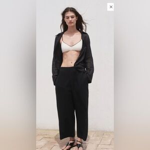 Mango Linen-blend Cropped Black Wide Leg Women's Pants